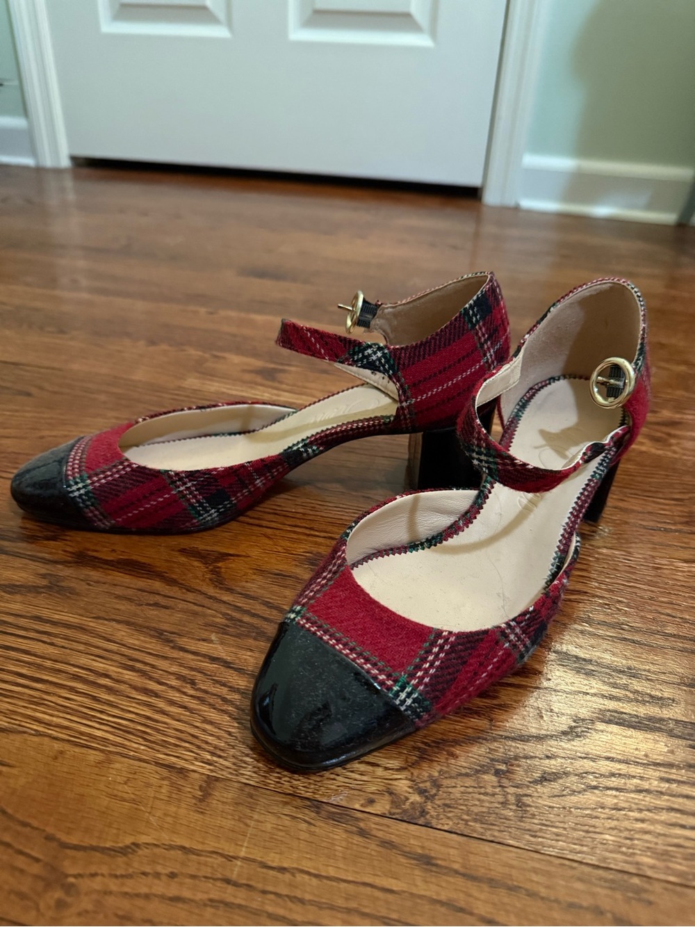 J. Crew Red Plaid Mary Jane Heels with Black Patent Toe Accent
